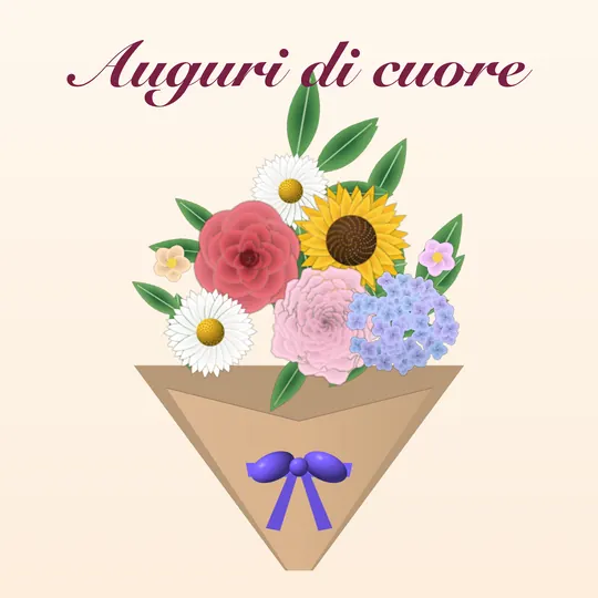 Mazzo di fiori misti con rosa rossa, girasole, margherite, peonia e ortensia in carta kraft, scritta Auguri di cuore