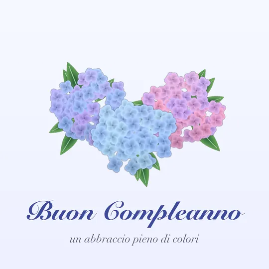 Tre ortensie azzurre, lilla e rosa con foglie verdi, scritta Buon Compleanno, un abbraccio pieno di colori