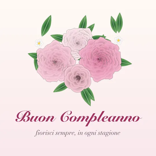 Composizione di peonie rosa e una rosa con foglie, scritta Buon Compleanno, fiorisci sempre