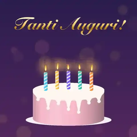 GIF animata: torta rosa con cinque candeline dalla fiamma tremolante e la scritta dorata Tanti Auguri!