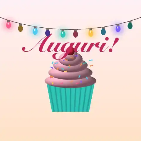 GIF animata: filo di lucine colorate che si accendono a intermittenza sopra un cupcake, scritta Auguri!