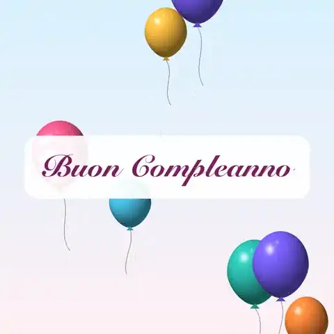 GIF animata: palloncini colorati che salgono verso l'alto dietro la scritta Buon Compleanno
