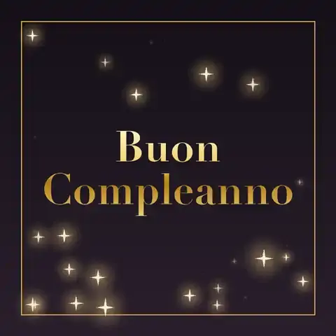 GIF animata: stelline dorate che brillano intorno alla scritta Buon Compleanno su sfondo nero