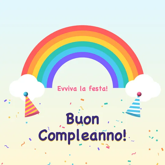 Arcobaleno con nuvole, cappellini da festa e coriandoli, scritta Evviva la festa! Buon Compleanno!
