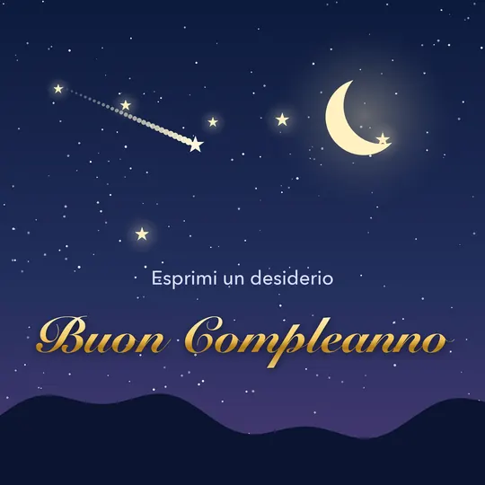 Cielo notturno con luna, stelle e una stella cadente, scritta Esprimi un desiderio e Buon Compleanno in oro