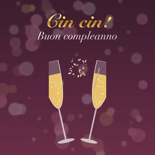 Due flûte di champagne che brindano su sfondo bordeaux con luci sfocate, scritta Cin cin! Buon compleanno