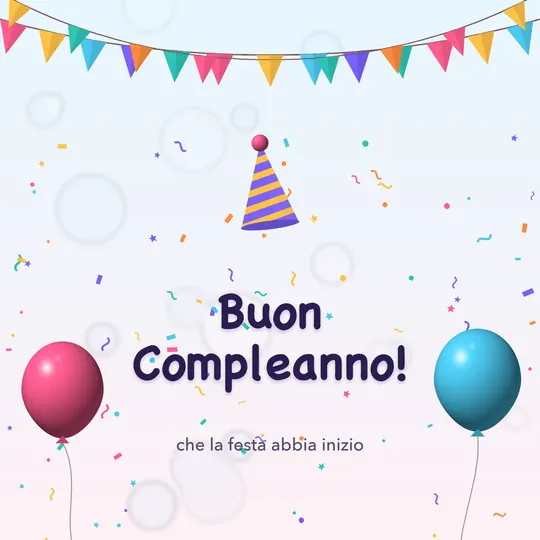 Festoni di bandierine, cappellino da festa e palloncini con la scritta Buon Compleanno!