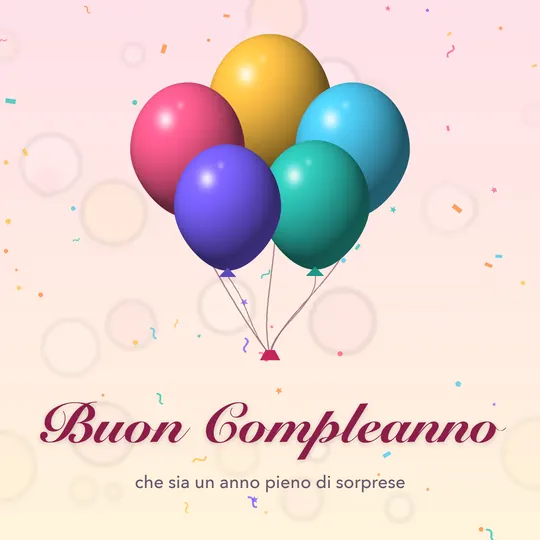 Cinque palloncini colorati legati insieme su sfondo rosa con coriandoli e la scritta Buon Compleanno